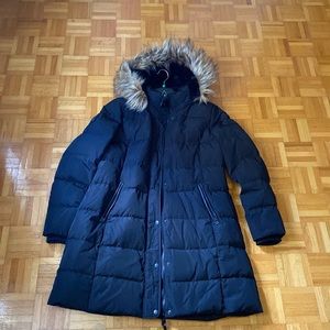 Atelier NOIR Black Hooded Puffer Coat with Faux Fur Trim